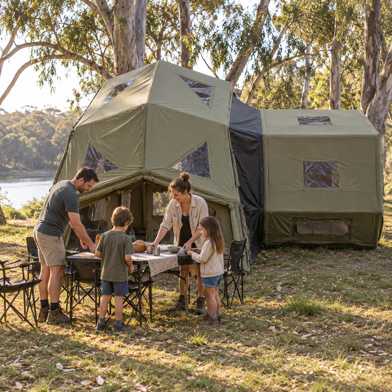 Family camping tent set pitched outdoors