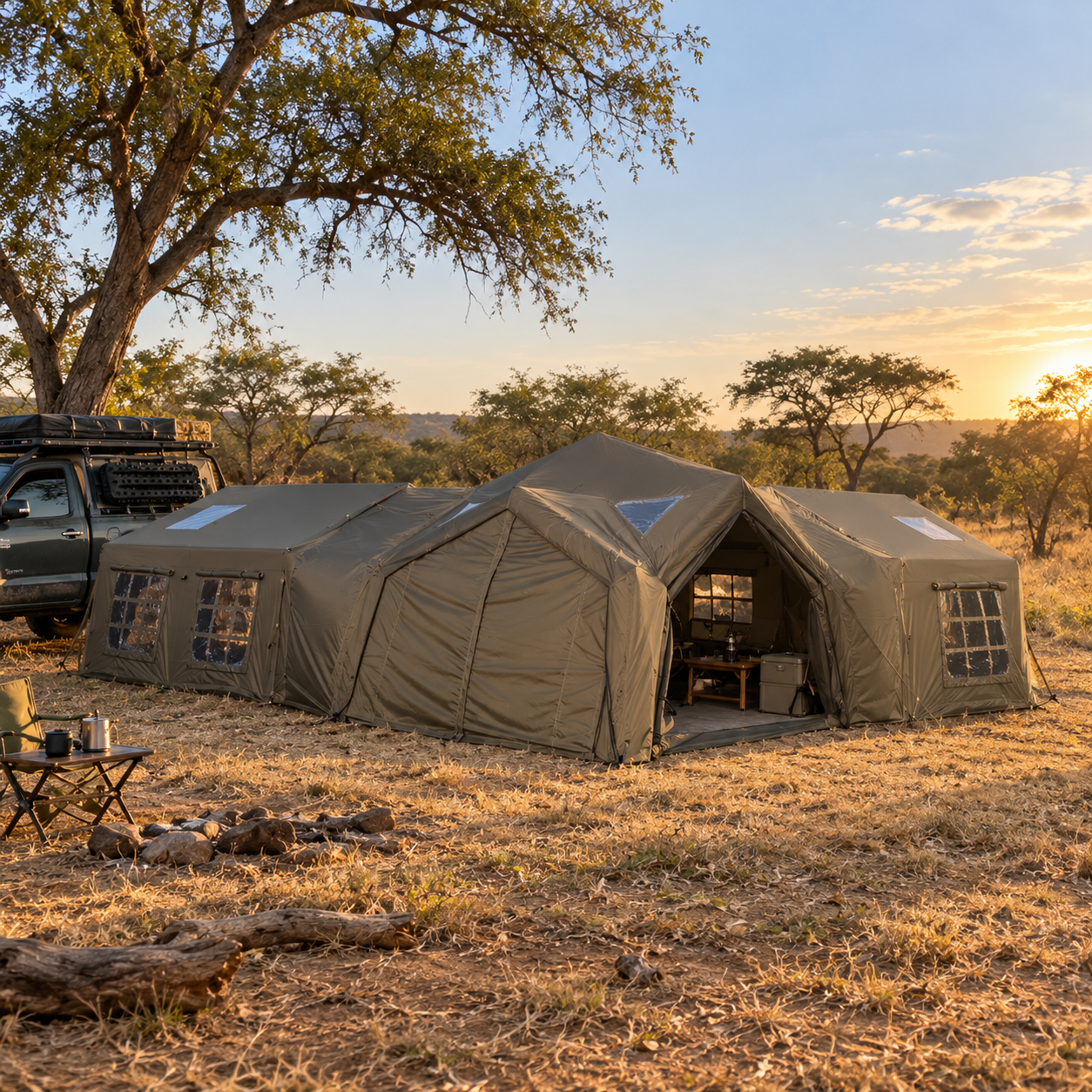 Inflatable hub tent pitched at a camp